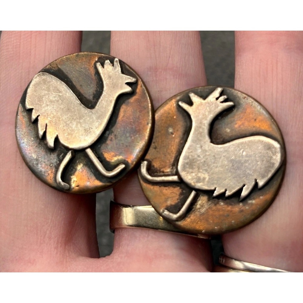 Vintage Modernist Mixed Metal Rooster Chicken Bird Cufflinks Copper Silver Tone